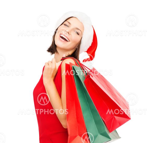 woman in red dress with shopping bags