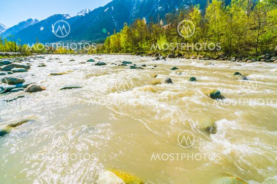 Beautiful River and snow covered mountains landscape...