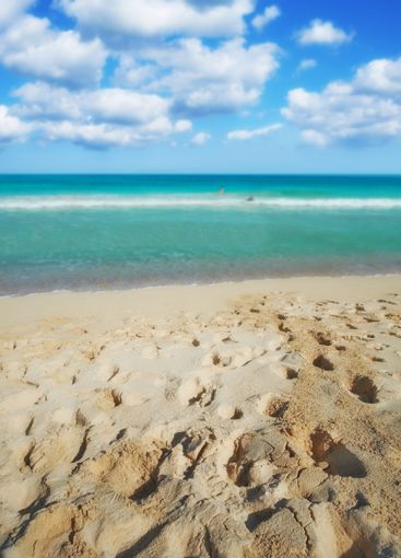 Ocean, sand and travel with view of beach for summer...
