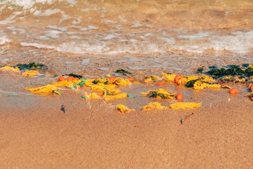 Old fishing net in seashore sand