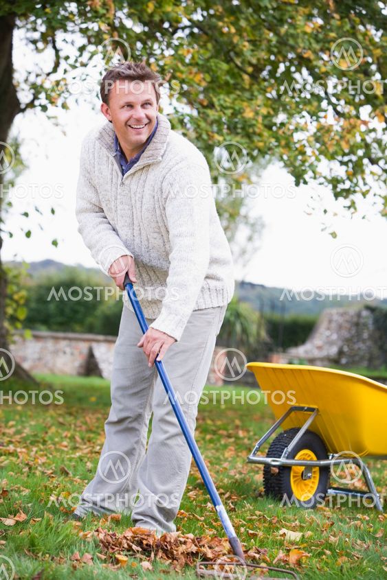 Man raking autumn leaves