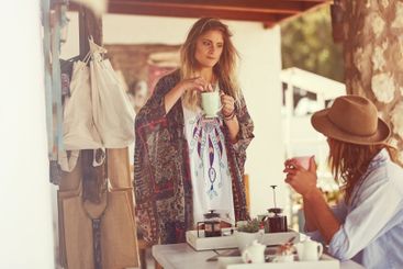 Outdoor, coffee shop and couple with holiday, travel and...