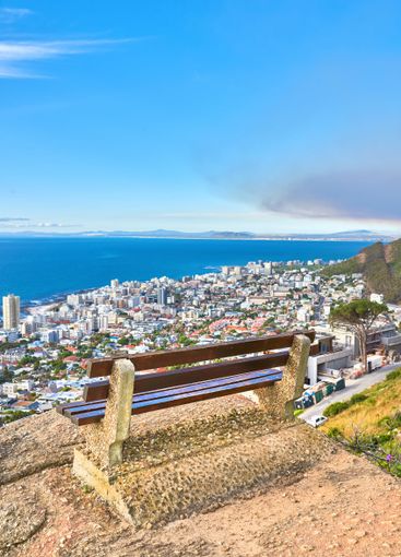 City, ocean and bench with landscape view for sea, coast...
