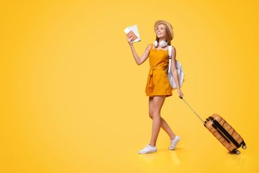 Post-Quarantine Travels. Joyful Young Girl Walking With...