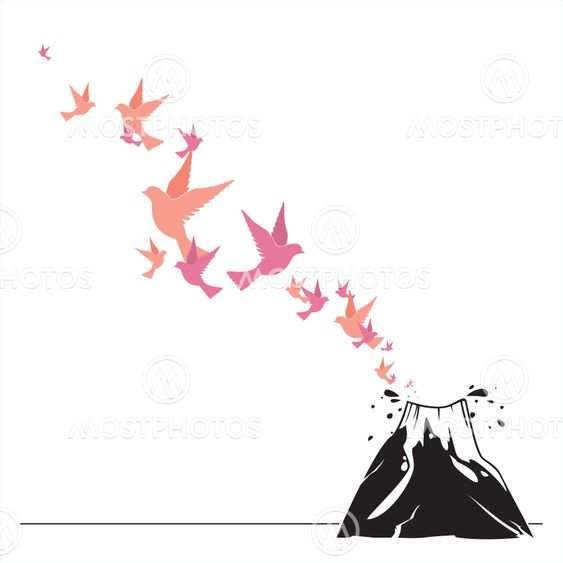 Abstract vector illustration of volkano and birds.