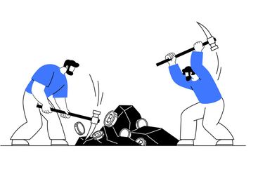 Workers Mining Rocks, Blue Flame Icon, and a Shopping...