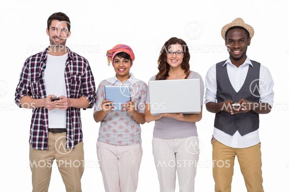 Smiling coworkers with technology posing