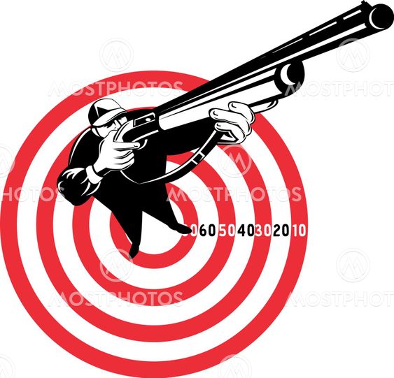 Hunter aiming rifle shotgun with bulls eye