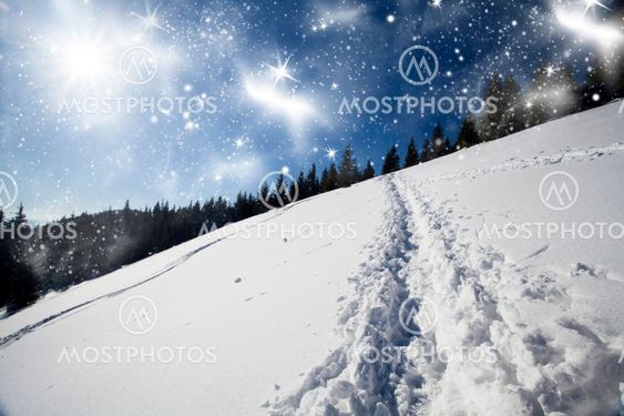 Christmas background with snowy path in the snow