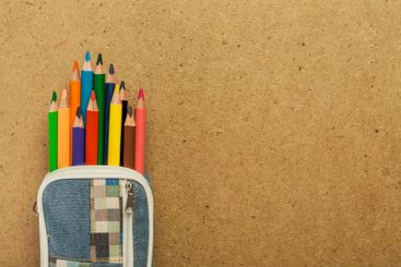 Colorful colored pencils arranged in a pencil case...