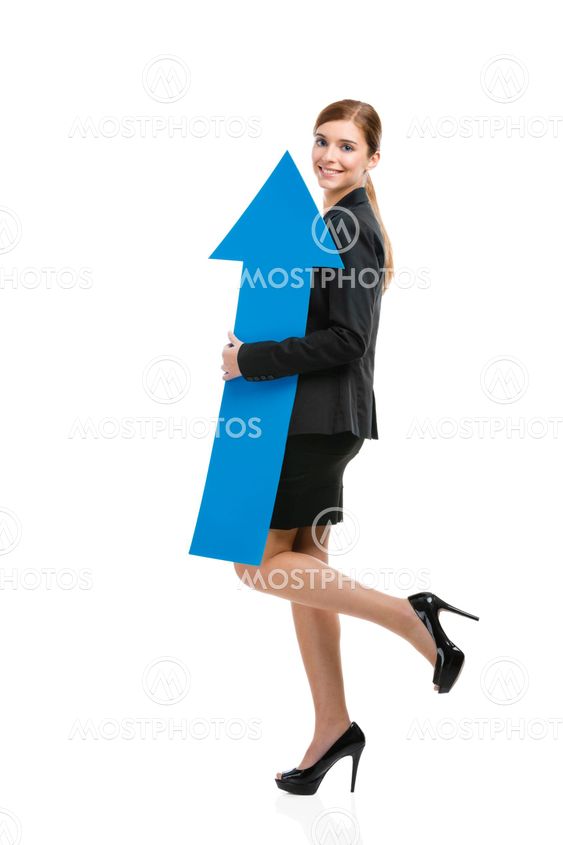 Business woman holding a blue arrow
