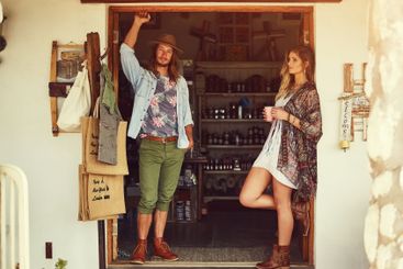 Outdoor, business owners and couple with store, tourism...