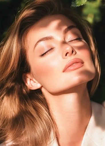 Woman with flawless skin basks in dappled sunlight, her...