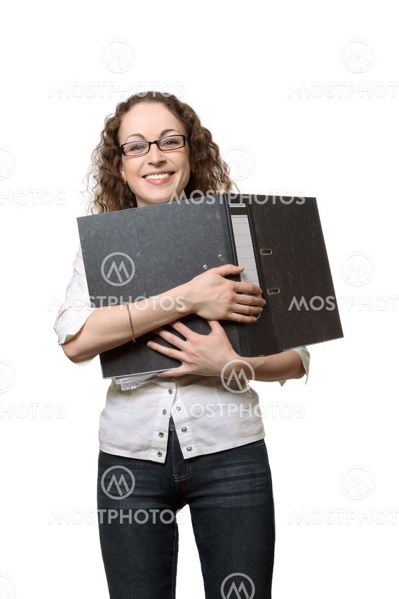 Smiling woman holding black folder isolated on white