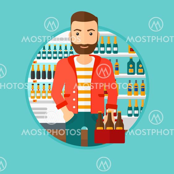 Man with pack of beer at supermarket.