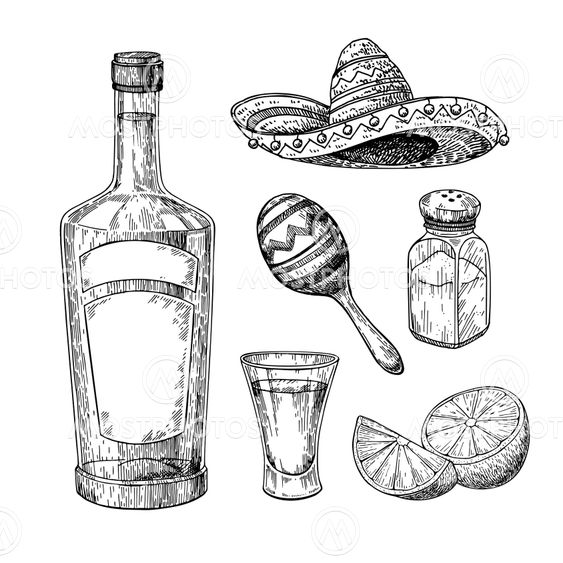 Tequila bottle, salt shaker and shot glass with lime....