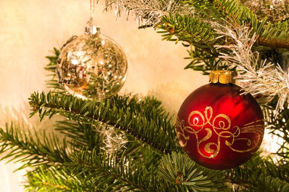 Red and silver balls in christmas tree