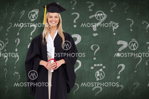 Composite image of smiling blonde student in graduate robe