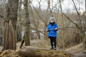 Little boy hiking in the forest on a early spring. Kid...