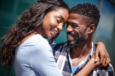 Love, black couple and forehead together outdoor with...
