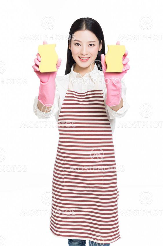 young woman cleaning on white