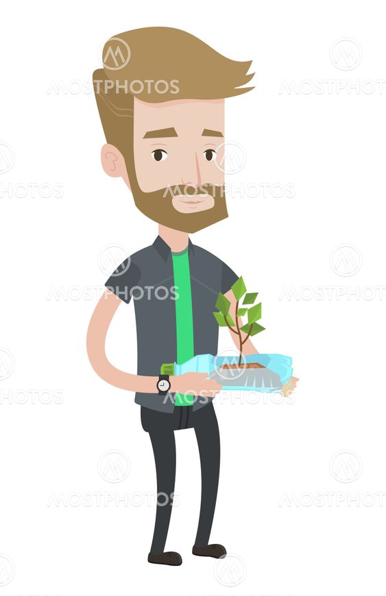 Man holding plant growing in plastic bottle.