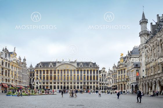 Brussels, Belgium - April 2015: Grand Place, most memorable landmark of Belgium located at central square of Brussels City surrounded by opulent classic buildings and edifices
