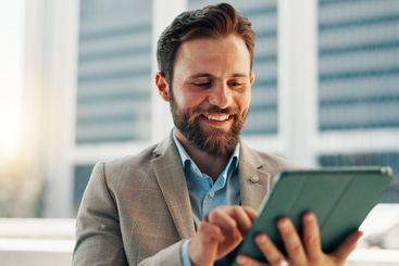 Business, outdoor and man with tablet, scroll and...