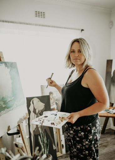 Canvas, painting and portrait of woman with easel for...