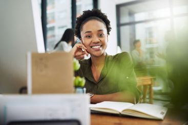 Portrait, business and black woman in office, joy and...