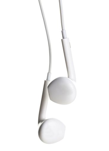 Pair of earphones close up on grey background