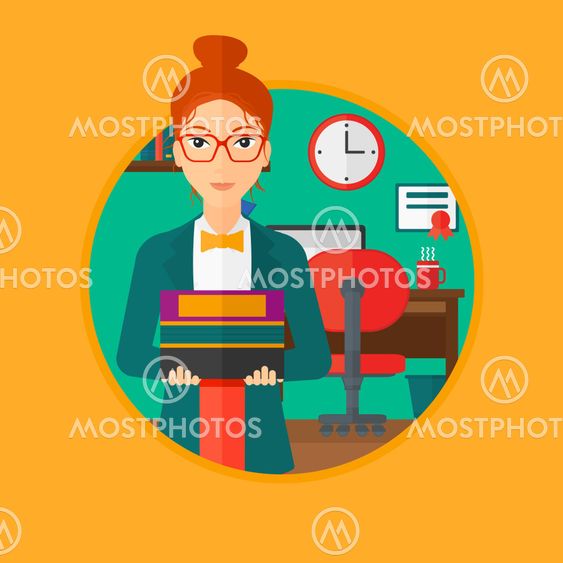 Woman holding pile of books.