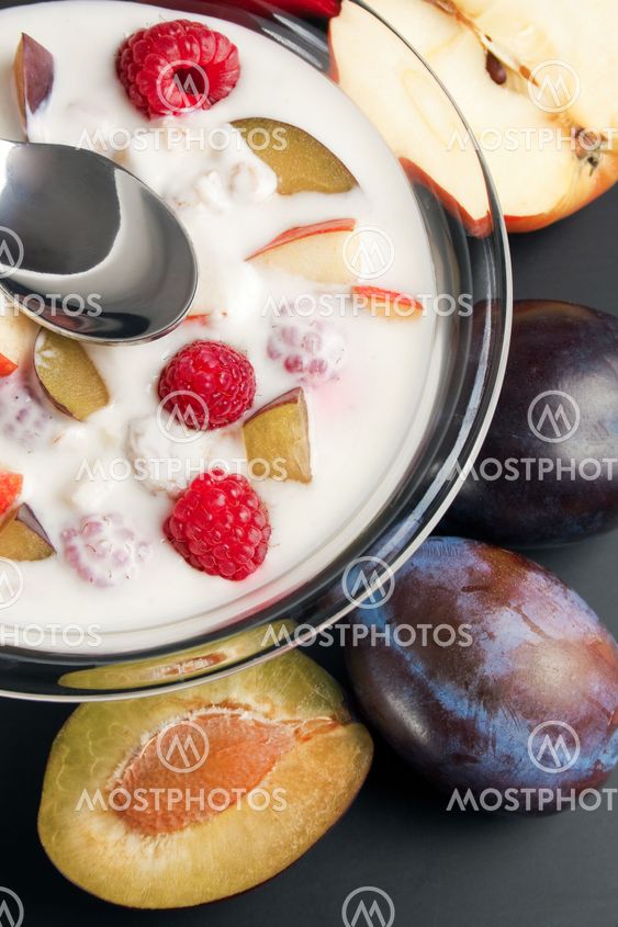 Yogurt mixed with fruit pieces