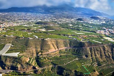 Landscape, aerial view and city in nature for travel,...