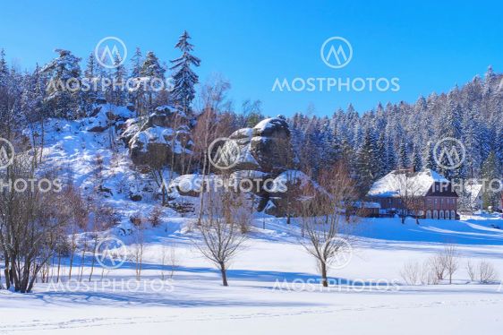 Zittau Mountains, the town Jonsdorf in winter with many...