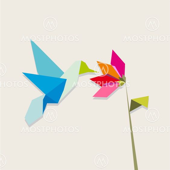 Origami hummingbird and flower on pastel background