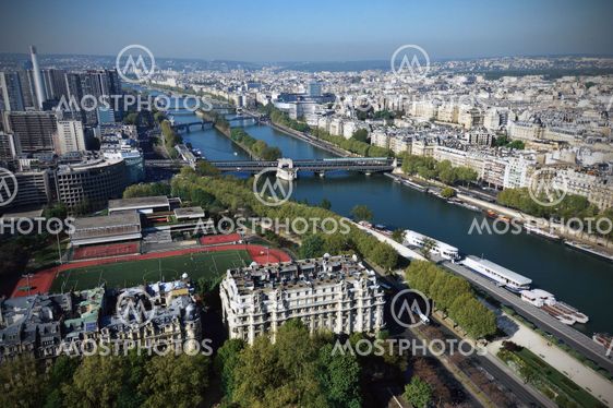 Bird-eye view of the Seine River in Paris viewed from the Eiffel Tower