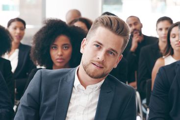 Event, convention and seminar with business man at...