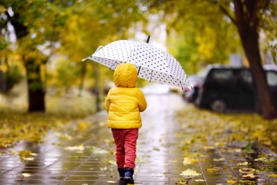 Little child walking in the city park at rainy autumn day