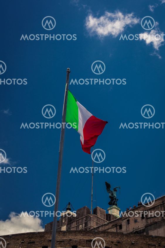 Italian flag on the front of the Sculpture of angel