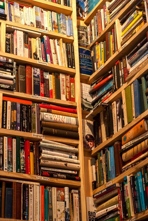 Secondhand bookstore shelves corner