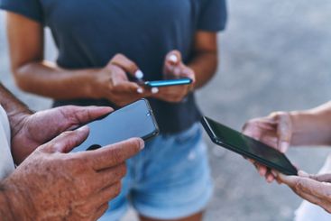 Closeup, people and hands with screen for smartphone,...