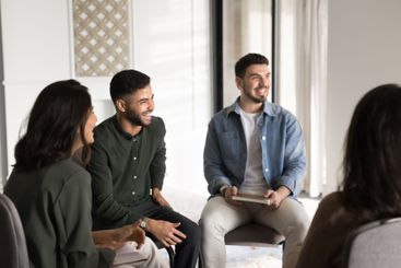 Happy team participate in group meeting event