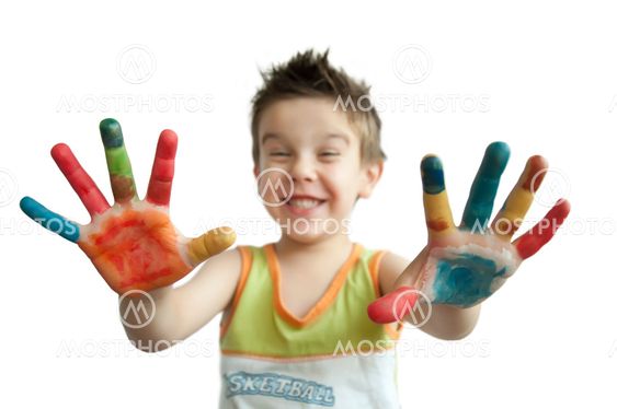 Children colored hands.Arms stretched forward.