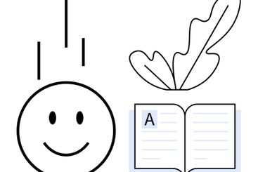 Happy face with falling lines, feather leaf, and open...