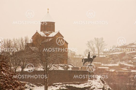 Winter view to covered with snow Tbilisi Old town in...