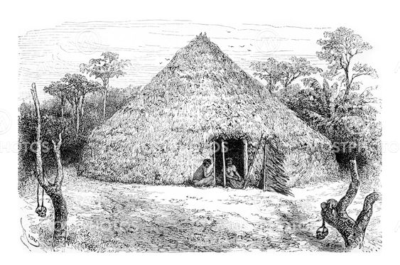 Dwellings of the Orejone Indians in Amazonas, Brazil, vintage engraving