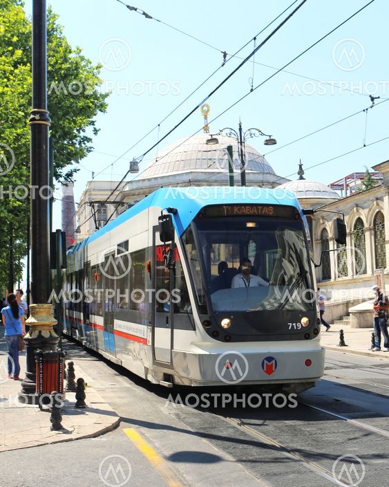 An electric tramcar near Cemberlitas Square in central Istanbul, Turkey on the T1 line