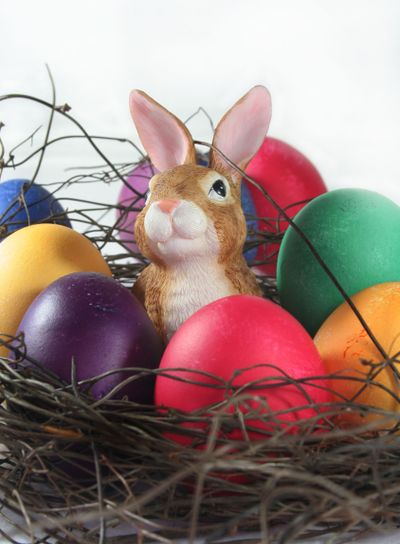 Easter basket with Easter eggs and Easter bunny