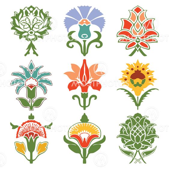 Colorful vintage set oriental flowers pattern isolated on white background